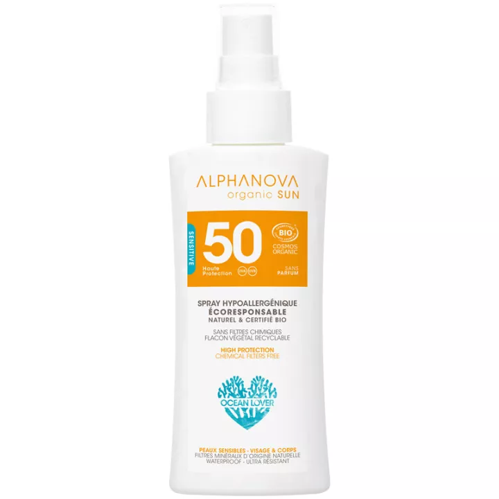Alphanova Organic Sun Spray Hypoallergénique Visage et Corps Bio SPF50 90 gr