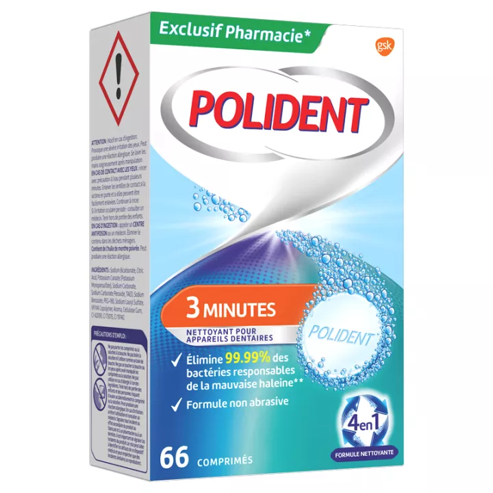 Polident 3 Minutes Nettoyant pour Appareils Dentaires 66 comprimés