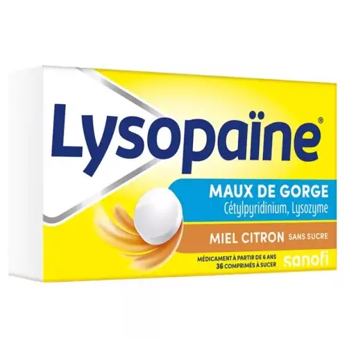 LYSOPAINE Maux de Gorge - 36 comprimés à sucer Miel Citron sans sucre
