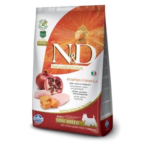 Farmina N&D Pumpkin Formula Grain Free Adulte Mini Poulet Citrouille Grenade 7kg