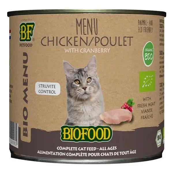 BF Petfood - Biofood Menu Bio à base de 79% de viande de poulet BIO pour chat. Boîte de 200g.