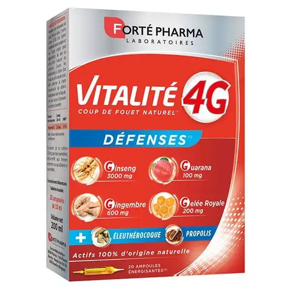 Forté Pharma Vitalité 4G Défenses Ginseng Guarana Gingembre 20 ampoules