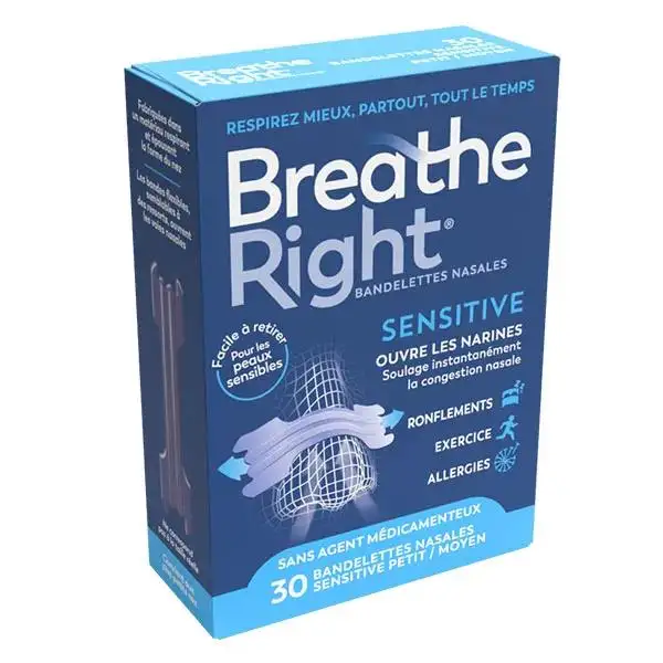 Breathe Right Bandelettes Nasales Petit Moyen Sensitive Nez Congestionné 30 unités