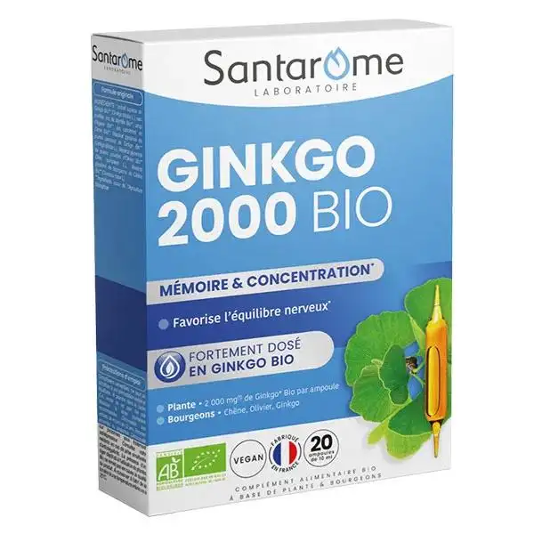 Santarome Bio - Gingko Bio 2000 - Renforce la mémoire - 20 ampoules