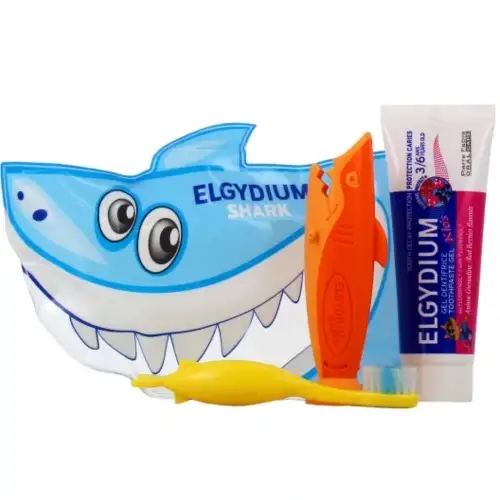 ELGYDIUM - Trousse de Voyage Kids Shark - 1 Brosse à Dents + 1 Dentrifice 50ml