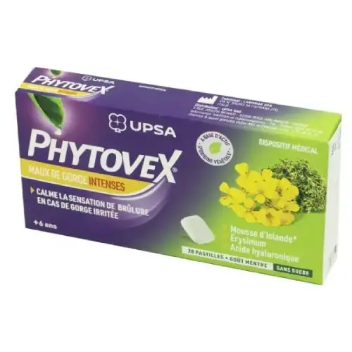 PHYTOVEX - Maux de Gorge Intenses - 20 Pastilles Goût Menthe Sans Sucre