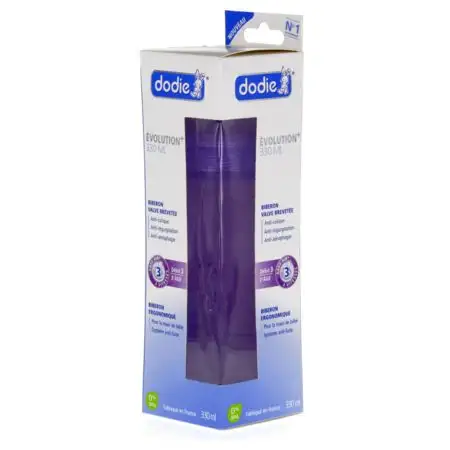 Dodie evolution + biberon tet debit 3 mauve 330 ml