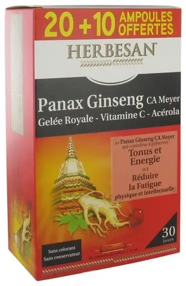 Herbesan Panax Ginseng Gelée Royale Vitamine C Acérola 20 Amp + 10 Offertes